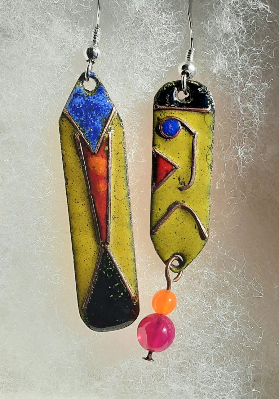 DANGLY ENAMELLED EARRINGS WITH SEMI-PRECIOUS AGATE BEADS - ODD BODS!