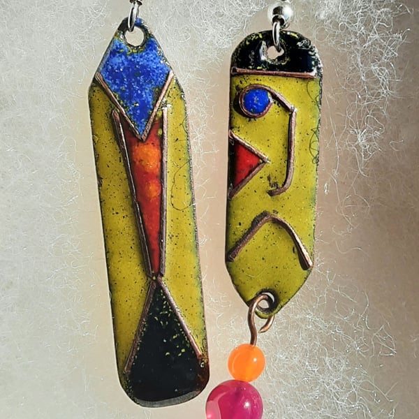 DANGLY ENAMELLED EARRINGS WITH SEMI-PRECIOUS AGATE BEADS - ODD BODS!