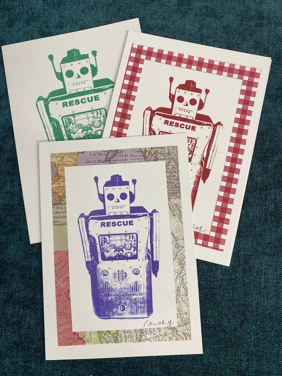 Robots  3 retro rescue robot cards and envelope set, A6, Free postage