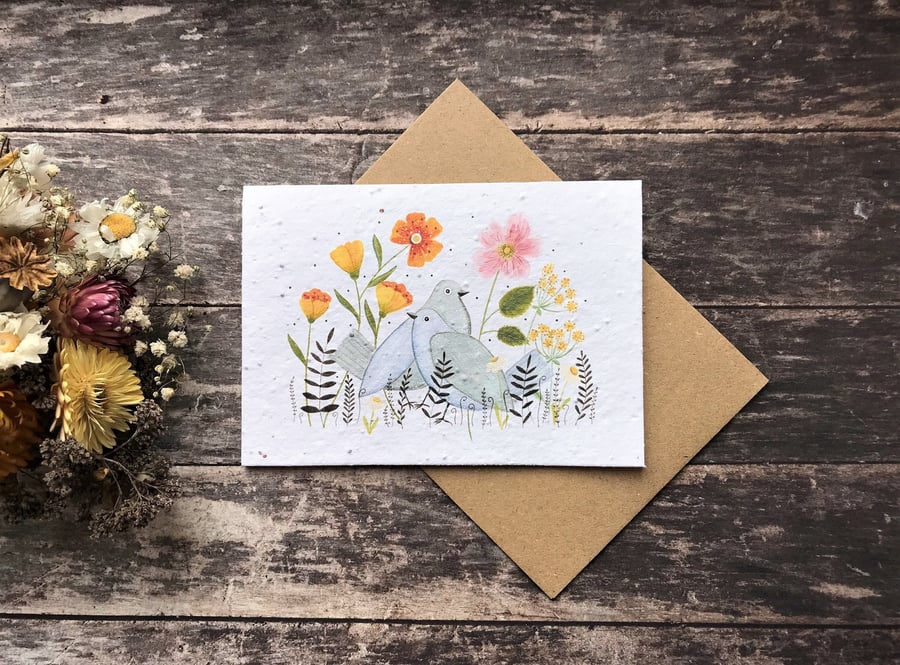 Plantable Seed Paper Birthday Card, Blank Inside,Bird greeting card, Birds