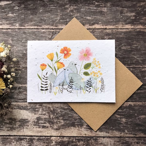 Plantable Seed Paper Birthday Card, Blank Inside,Bird greeting card, Birds