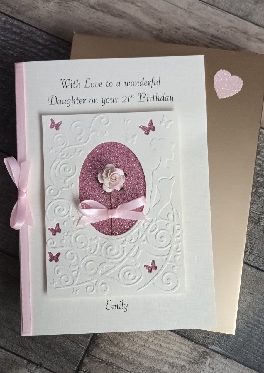 Boxed Milestone Birthday Card. Pink Rose Embossed Girl With Swirling Dress.