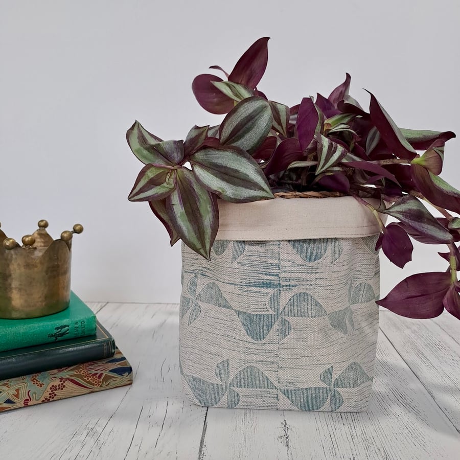 Hand Printed Linen Storage Basket, Storage Pot, Plant Pot - Teal Blue