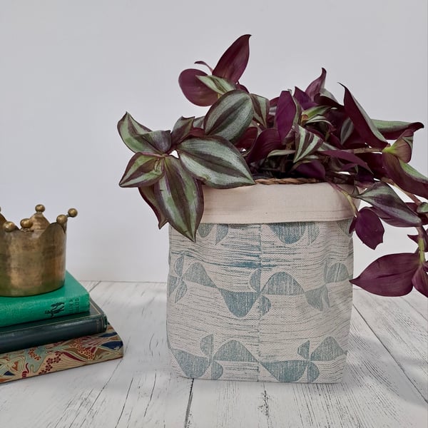 Hand Printed Linen Storage Basket, Storage Pot, Plant Pot - Teal Blue