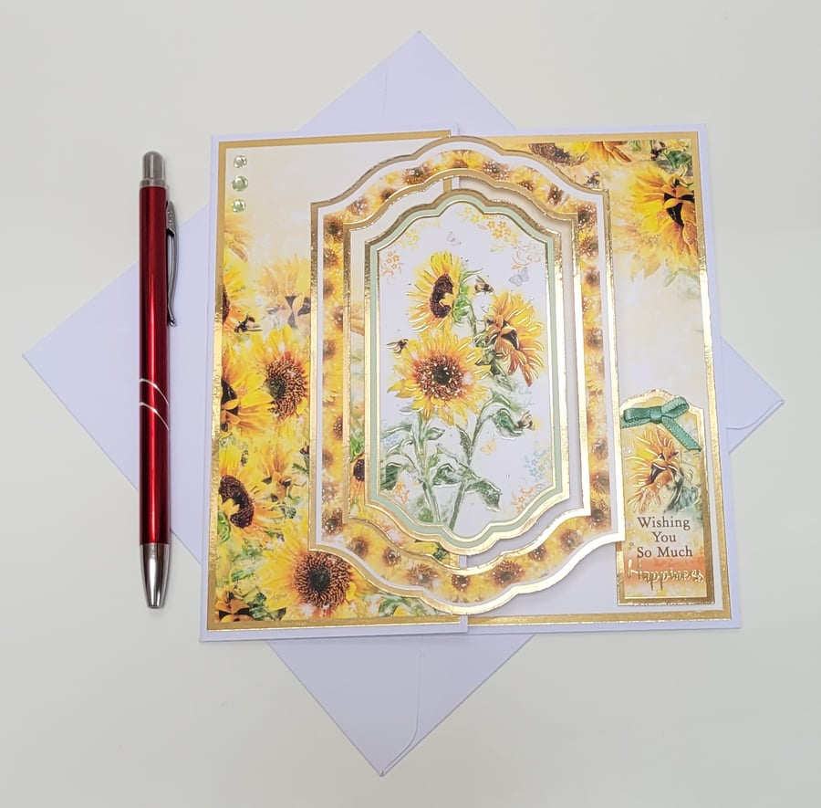 Sunflowers and Bees - Wishing you Happiness - Any Occasion Handmade Card