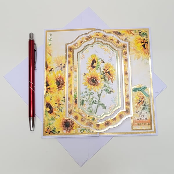 Sunflowers and Bees - Wishing you Happiness - Any Occasion Handmade Card