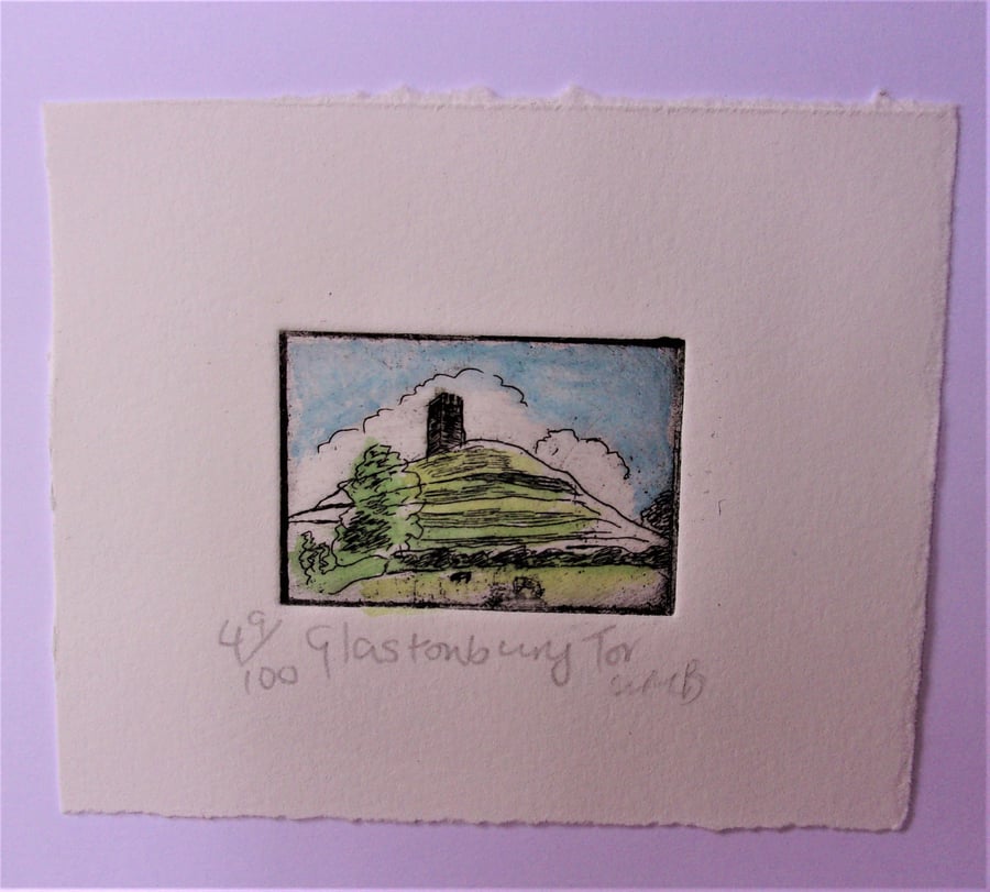 Glastonbury Tor, Tiny Original Etching Blank Card