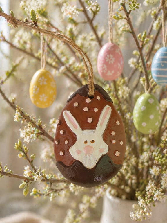 Clay Bunny Rabbit Half Easter Egg Hanging Ornament Decoration