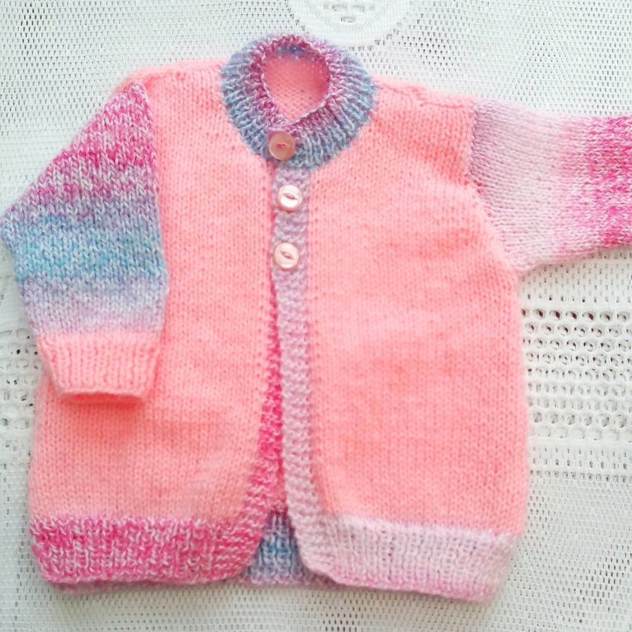 Hand Knitted Cardigan In Shades of Pink Yarn, Baby Shower Gift, Baby's Clothes
