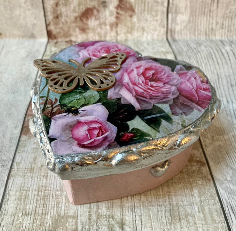  Heart Jewellery Trinket Box Valentine Gift Idea Pink Roses & Silver Butterfly