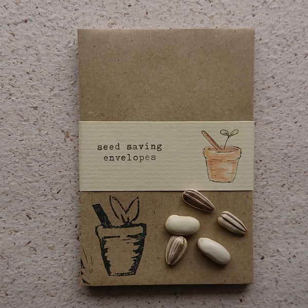 Seed saving envelopes - set of 10 - with original lino print seedling