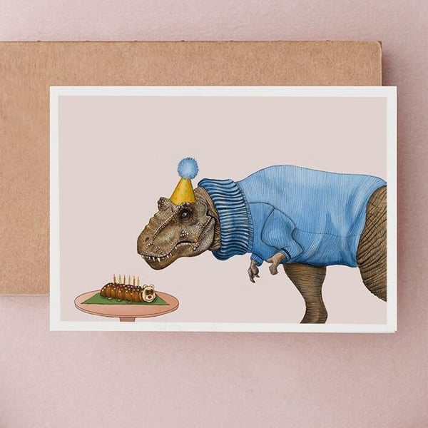 Dinosaur Birthday Card - Birthday Card, T-Rex Birthday Card, Caterpillar Cake