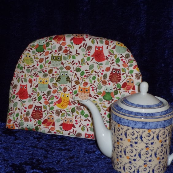 Large Tea Cosy with Autumn Colour Leaves and Owls on a Cream background