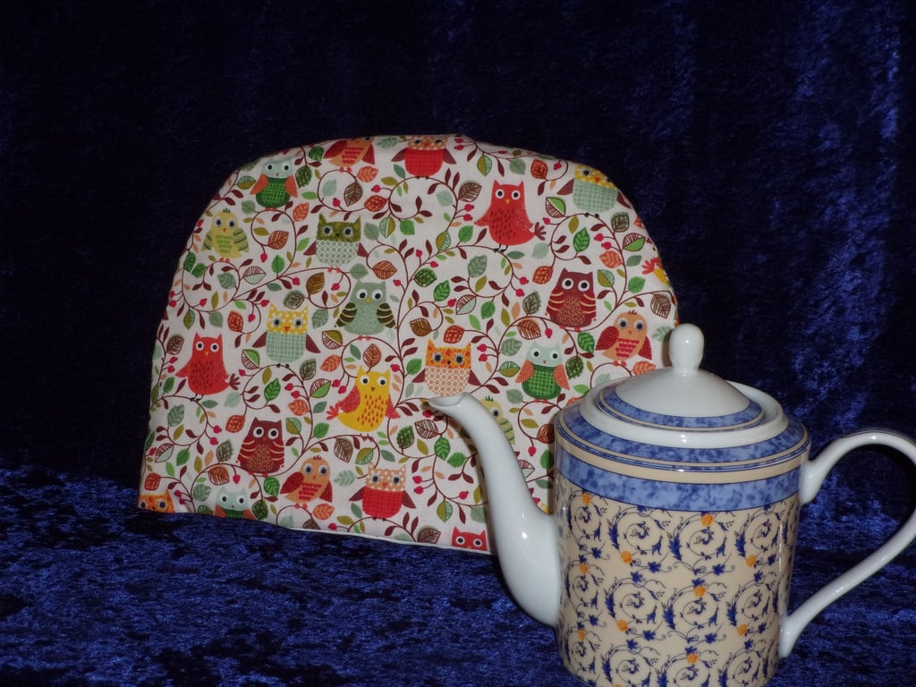 Large Tea Cosy with Autumn Colour Leaves and Owls on a Cream background