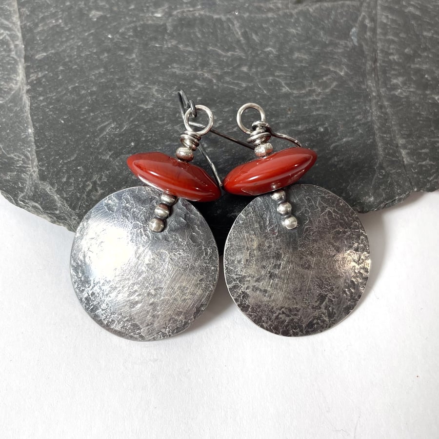 Large round silver and terracotta jasper earrings 