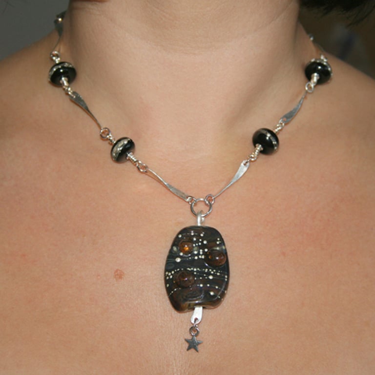 Galaxy Lampwork Glass Pendant Necklace With Black Beads And Star Charm