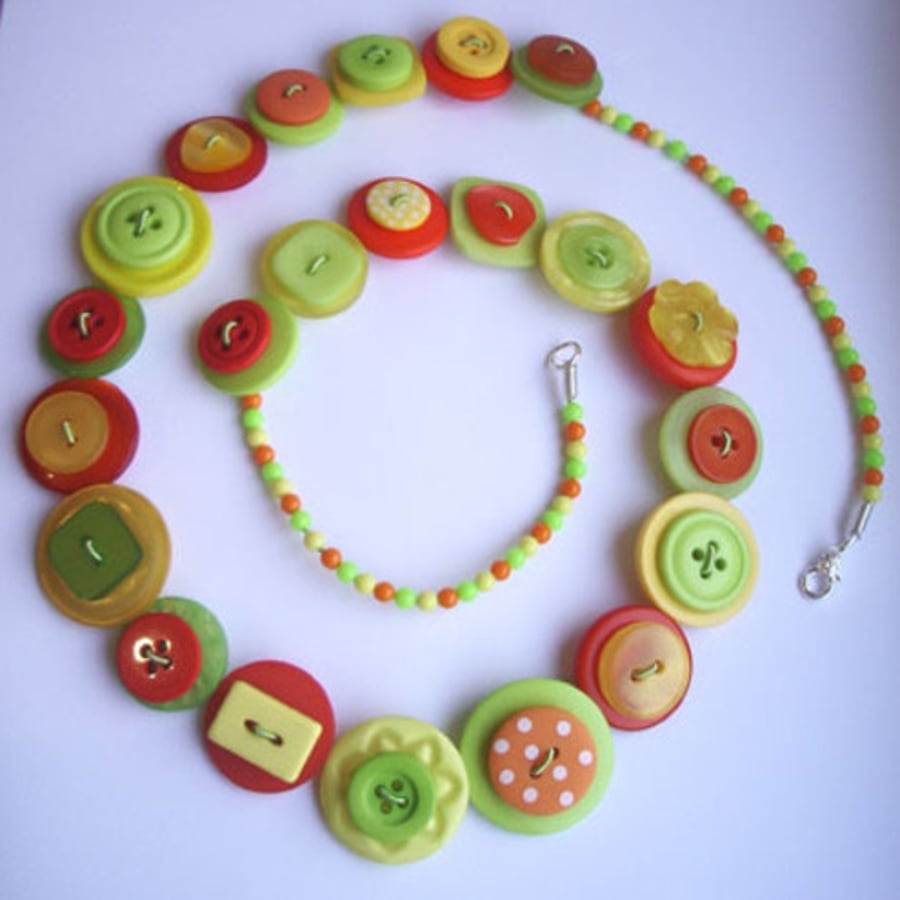 Citrus-Yellow, Orange, Green button necklace 