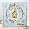 Birdhouse New Home Card - original handpainted card, magnolia wreath, birds