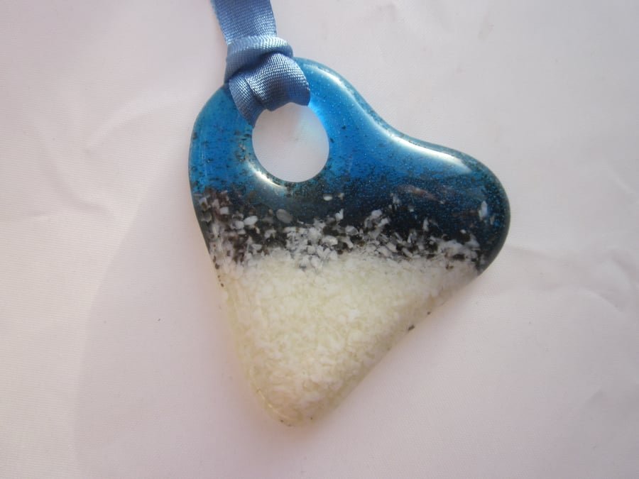 Handmade cast glass pendant - Sea foam heart 
