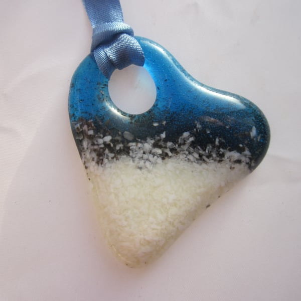Handmade cast glass pendant - Sea foam heart 