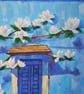 Original Blue Floral Acrylic Painting on Canvas, White Blossoms, 30 x 40 cm - Image 3