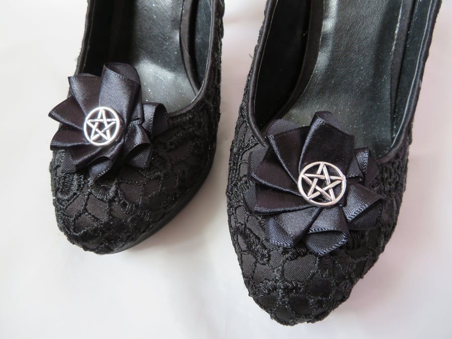 Black & Silver Pentagram Shoe Clips Small Gothic Charm Satin Ruffle