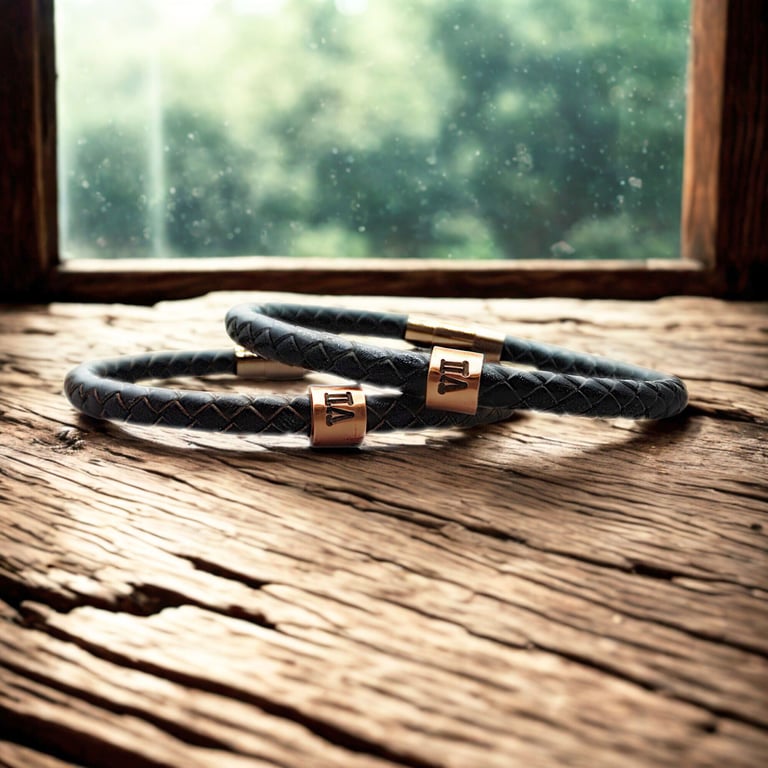 7th wedding anniversary gift leather bracelet with copper Roman Numerals ring 