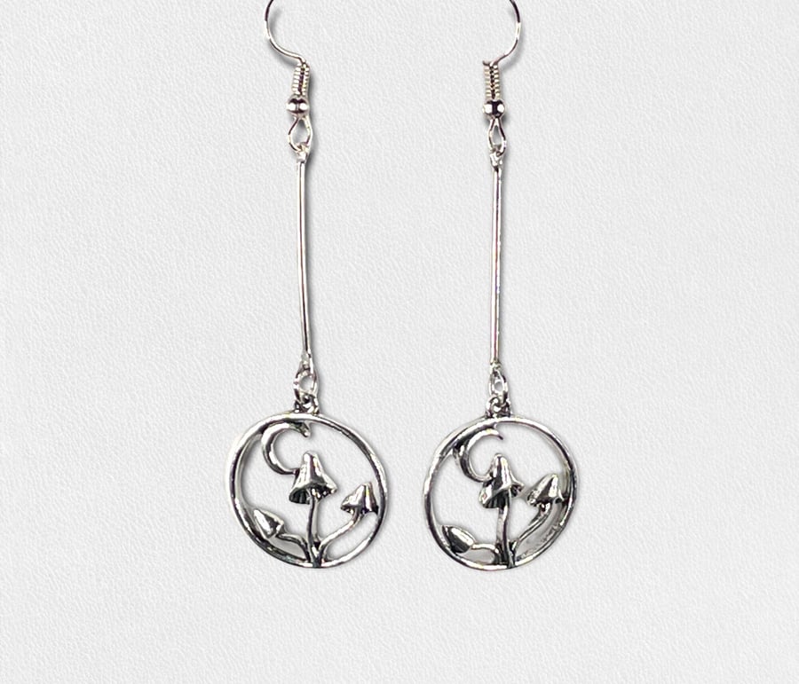 MUSHROOM HOOP EARRINGS drop bar silver plate magic boho goth punk kawaii circle