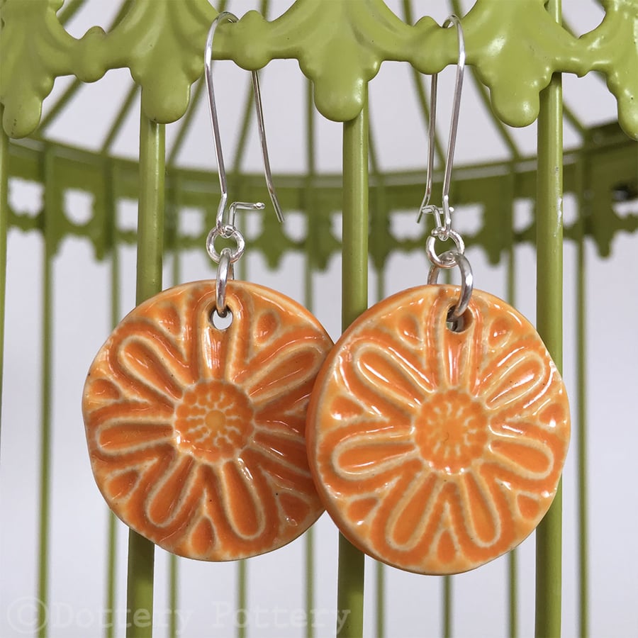 Handmade ceramic disc earrings on sterling silver ear wires