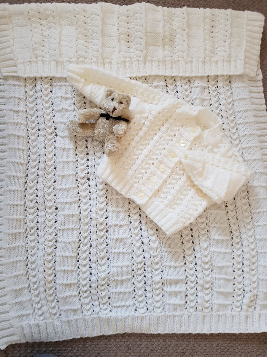 Hand Knitted Baby's Cream Cardigan and Blanket