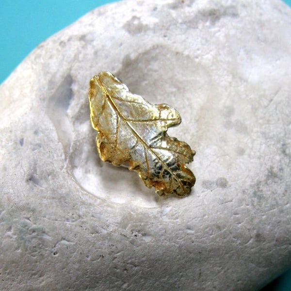 REDUCED Fine silver oak leaf pin with 24ct gold