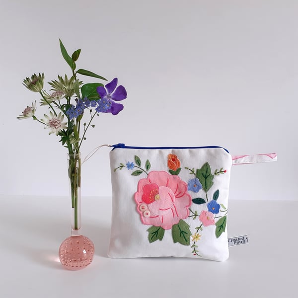 Pink flower purse make up or storage bag upcycled in vintage appliqued fabric   