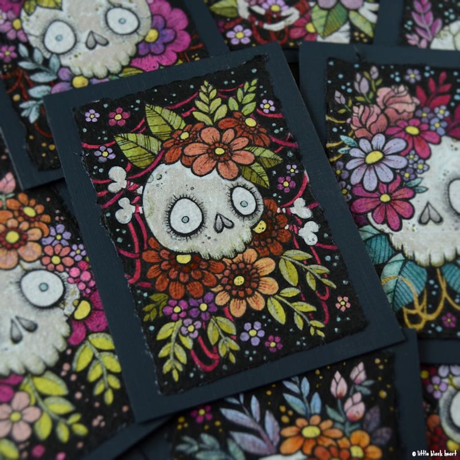 bony botanical skull - original aceo