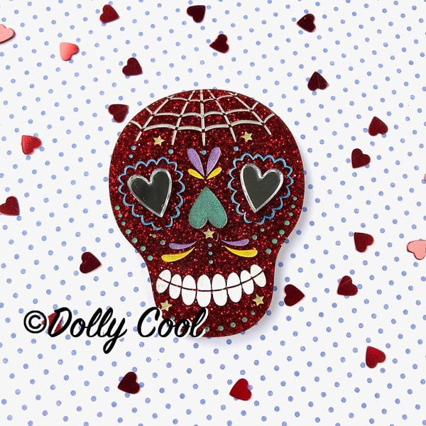 Sugar Skull Acrylic Brooch in Red Glitter by Dolly Cool - Day of The Dead - Fake