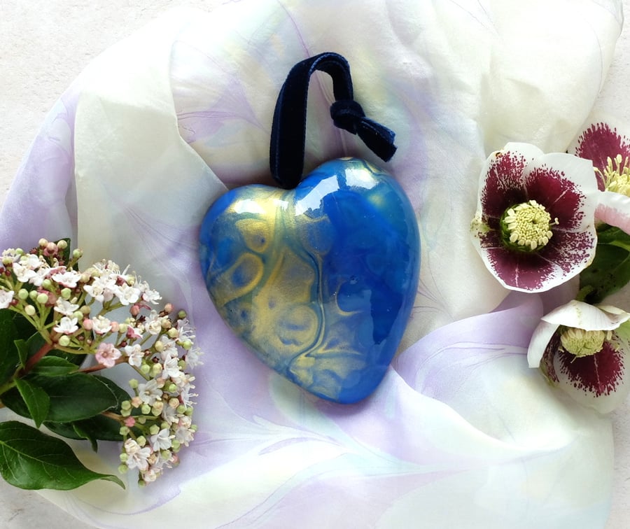 Ceramic hanging heart blue gold double sided acrylic pour slight second 