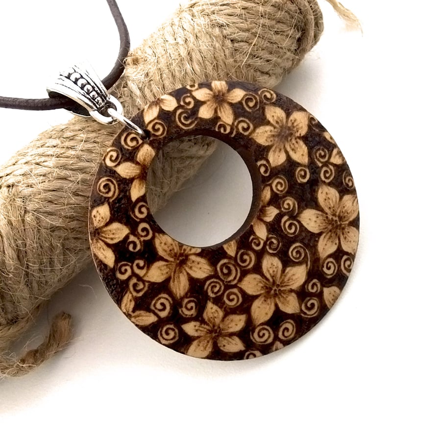 Gorgeous Floral Blossom Unusual Wooden Pyrography Pendant Necklace