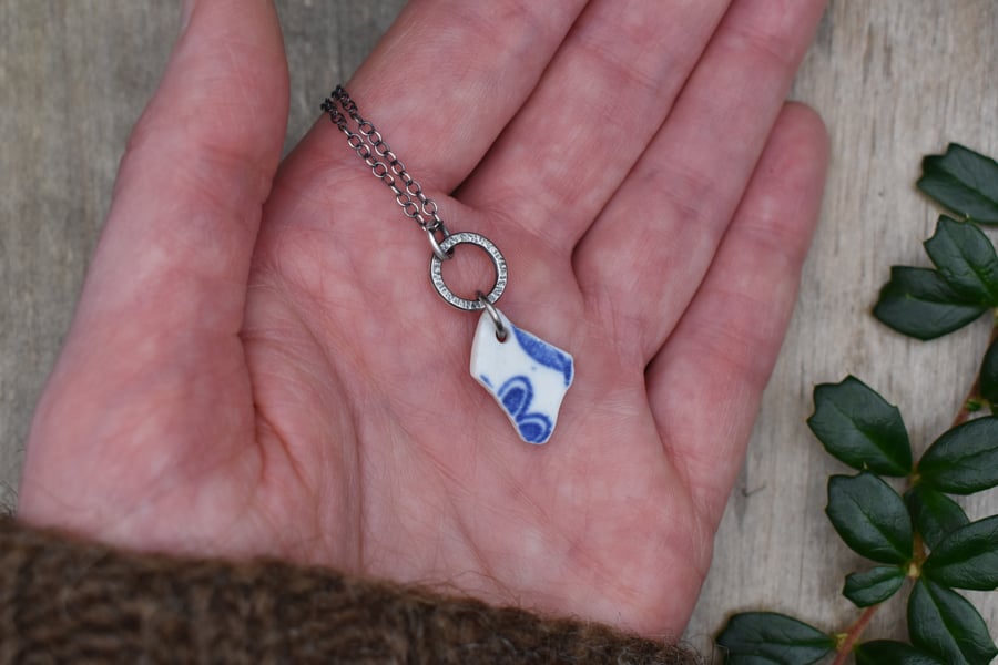 Scottish Sea Pottery and Recycled Sterling Silver Necklace, Blue and White