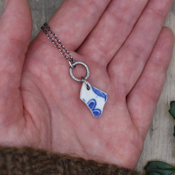 Scottish Sea Pottery and Recycled Sterling Silver Necklace, Blue and White