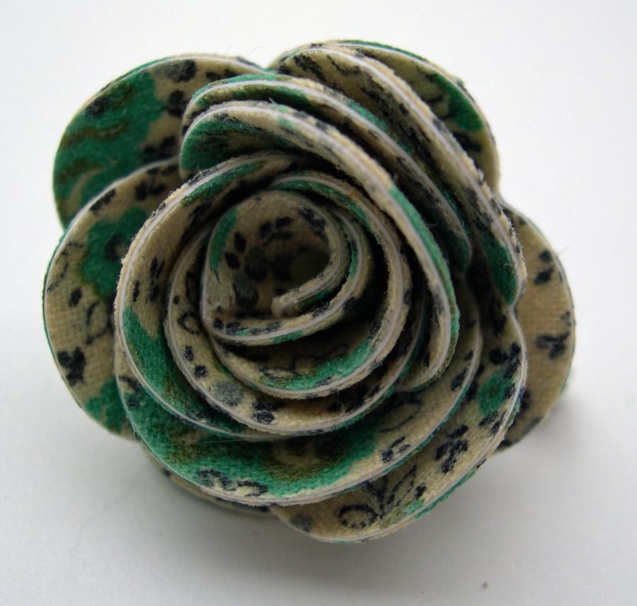 Hardened Fabric Ditsy Green Rose Brooch