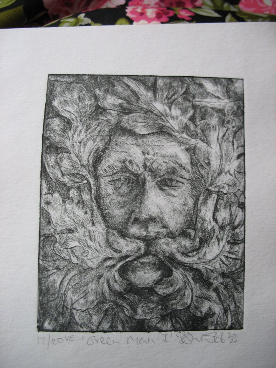 Green Man drypoint etching print