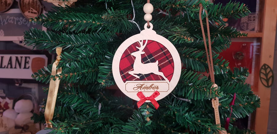 personalised stag and tartan christmas tree decoration bauble