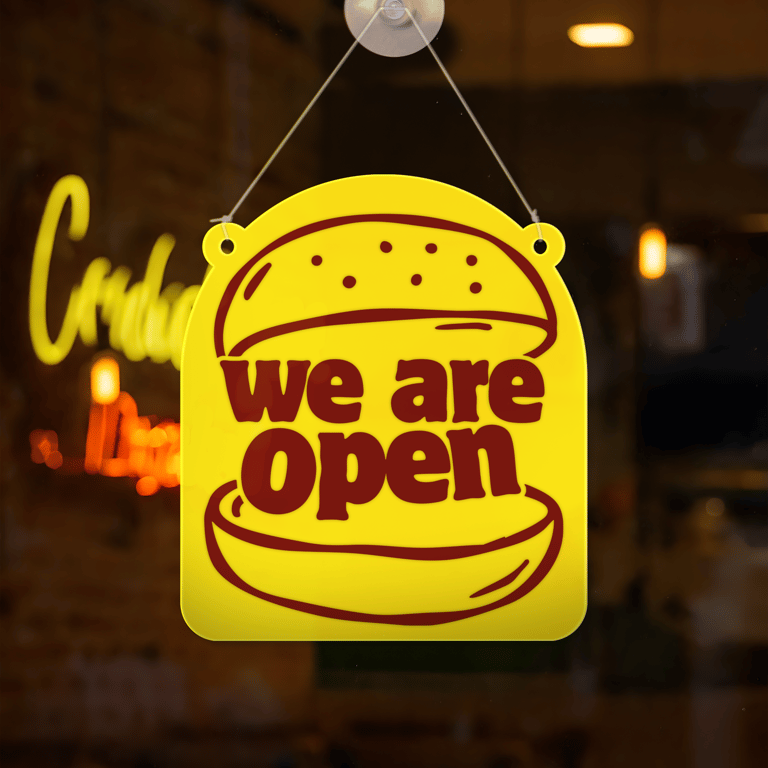 Burger Restaurant Open & Closed Door Sign 2: Takeaway Double-Sided Hanging Sign 