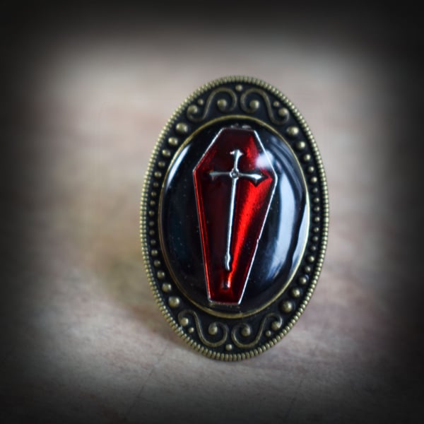 Gothic Coffin Ring with Adjustable Bronze Band