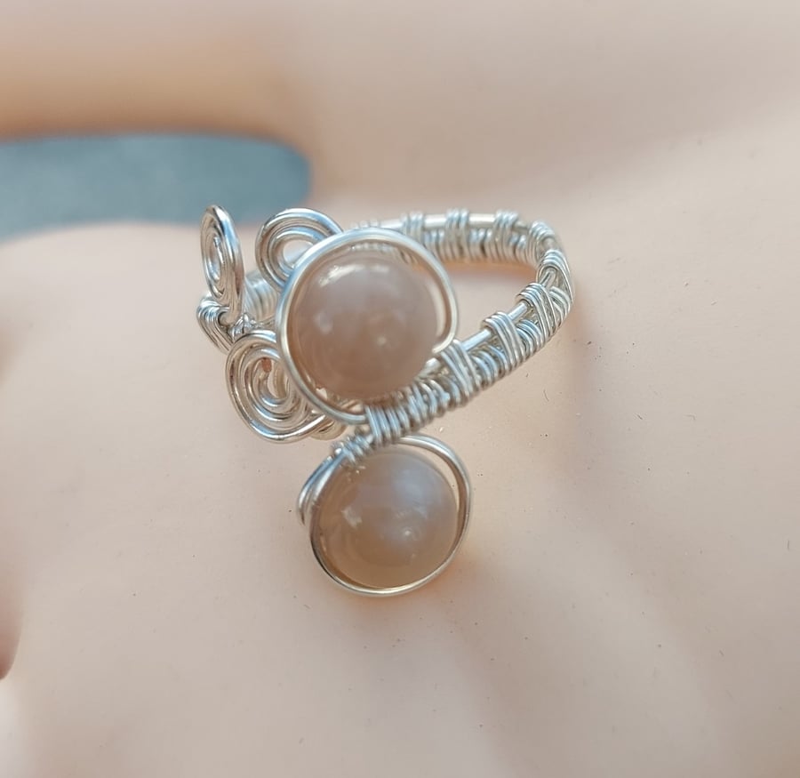 Peach Grey Moonstone Silver Plated Adjustable Wire Wrapped Ring,  R601