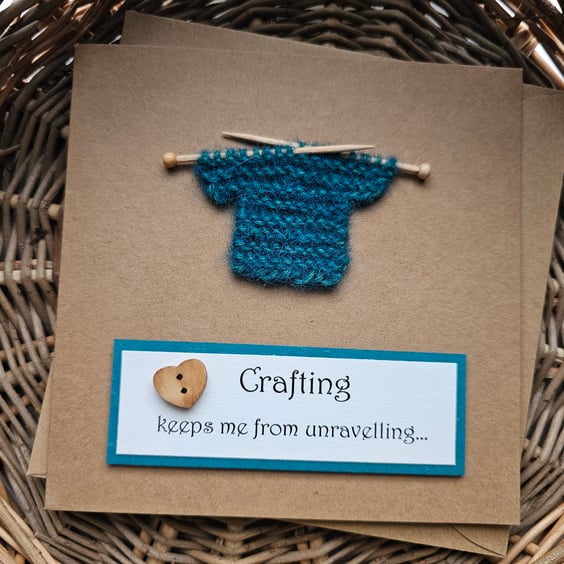 Card for a Crafter with Teal Little Knitted Jumper Size 13.5cm x 13.5cm