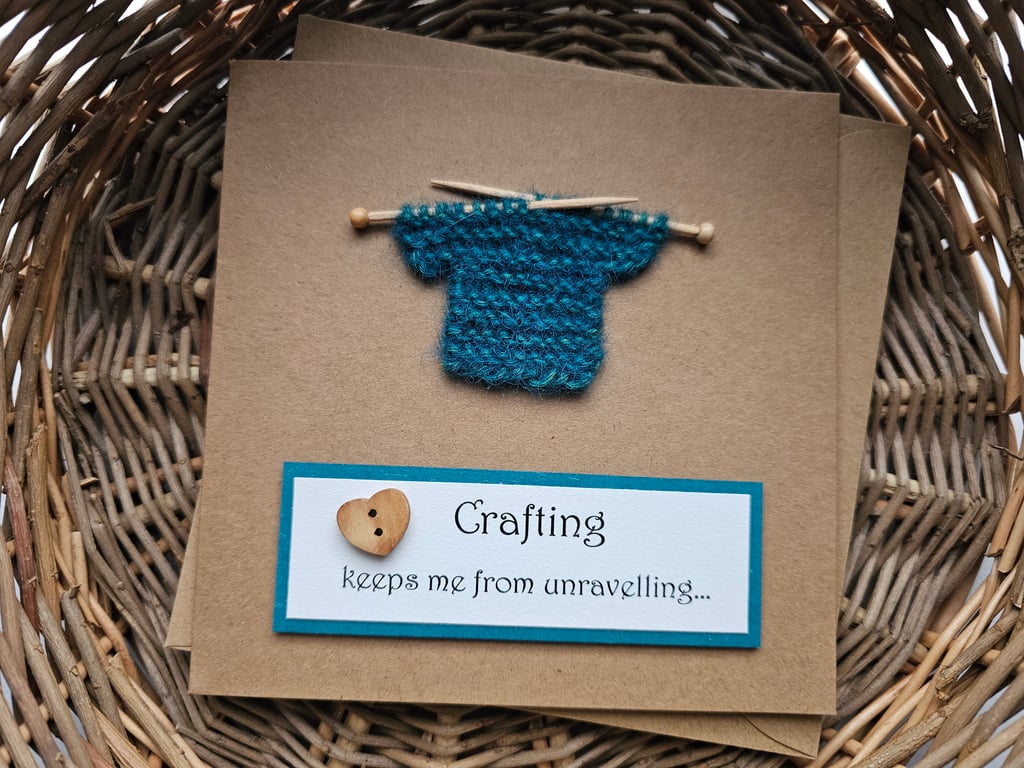 Card for a Crafter with Teal Little Knitted Jumper Size 13.5cm x 13.5cm