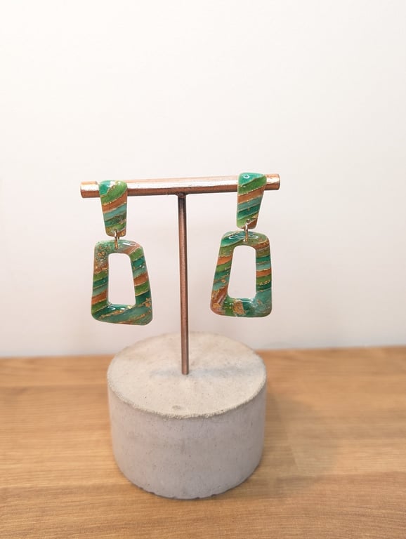 Green  agate polymer clay earrings- trapeze