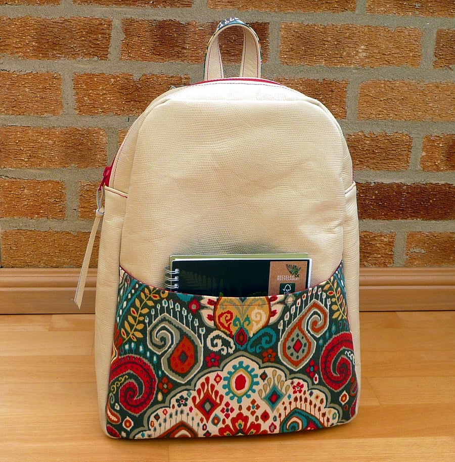 Leather backpack, cream leather rucksack, leather and fabric backpack, 