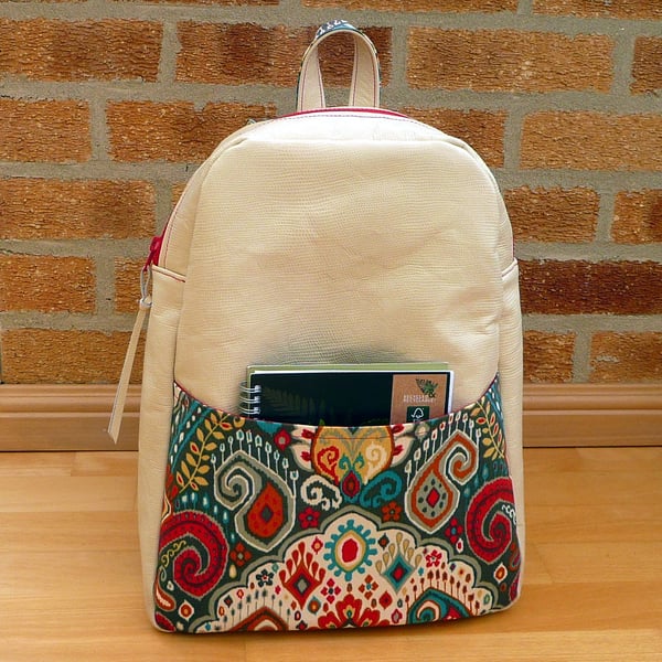 Leather backpack, cream leather rucksack, leather and fabric backpack, 