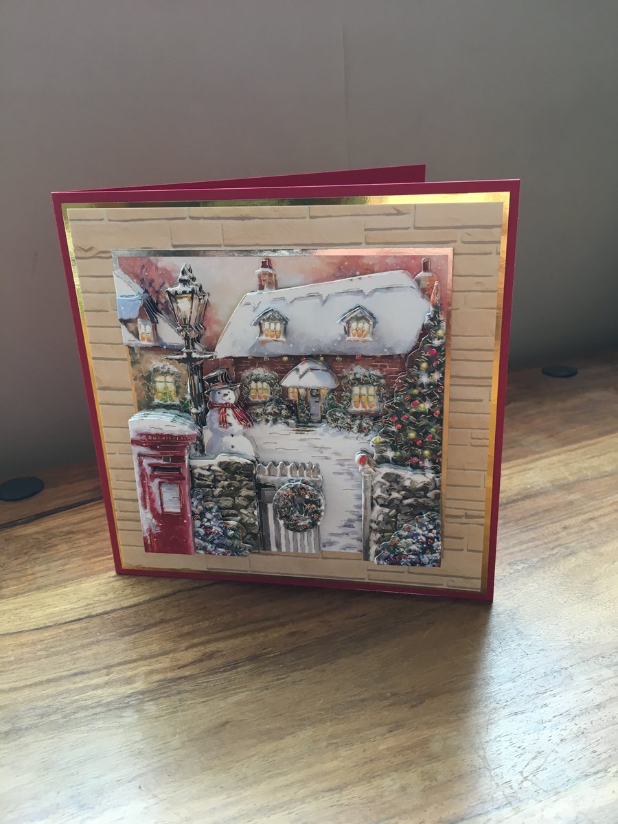 3D Christmas Cottage Handmade Decoupage Card - Blank Inside